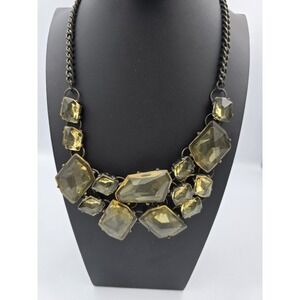 Vintage Style Bronze Tone Statement Necklace Yellow Amber Resin Stones Bib